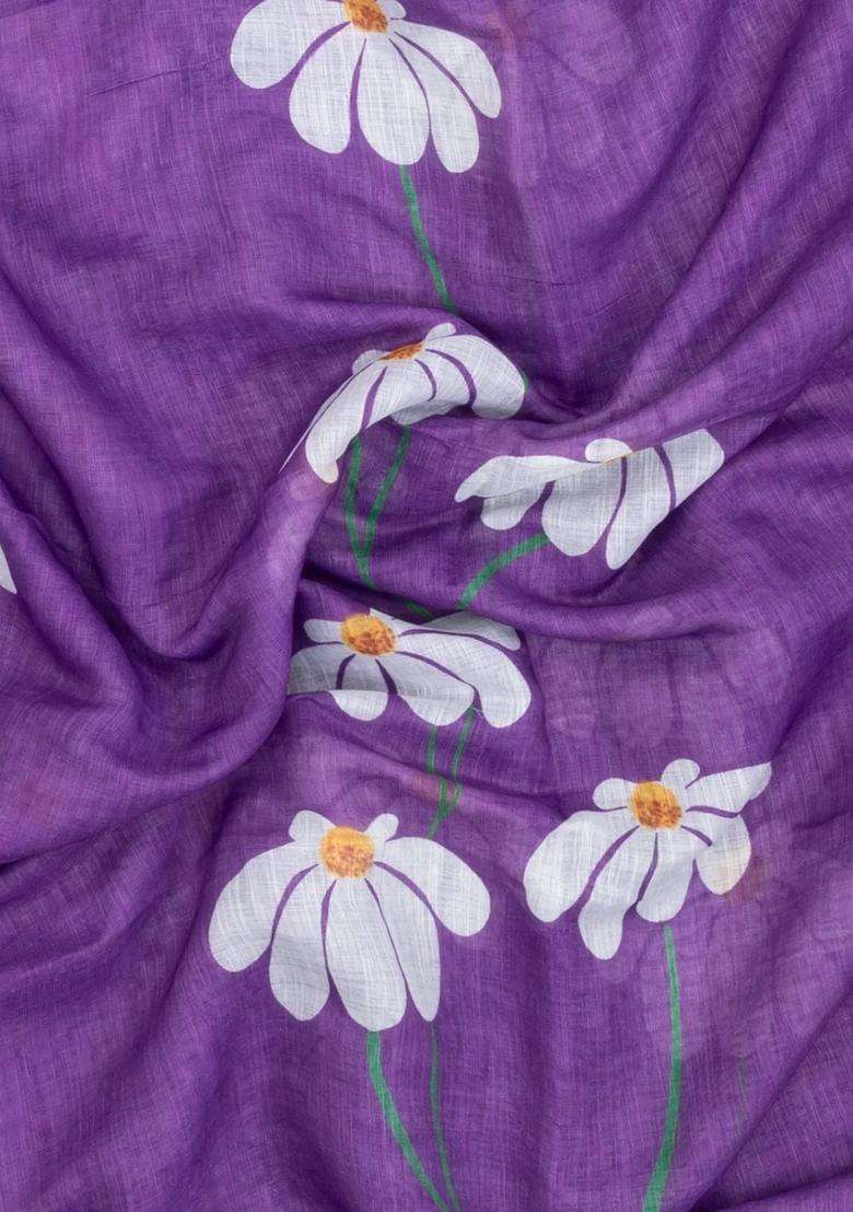 Lilac Printed Synthetic Linen Saree With Floral Motifs For Women - Indya