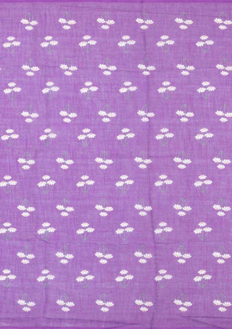 Lilac Printed Synthetic Linen Saree With Floral Motifs For Women - Indya