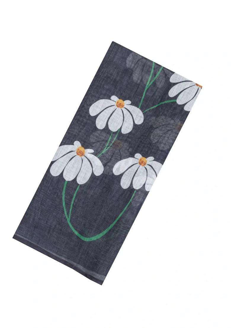 Dark Grey Printed Synthetic Linen Saree With Floral Motifs For Women - Indya