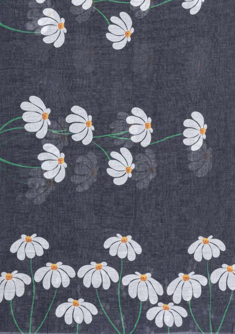 Dark Grey Printed Synthetic Linen Saree With Floral Motifs For Women - Indya