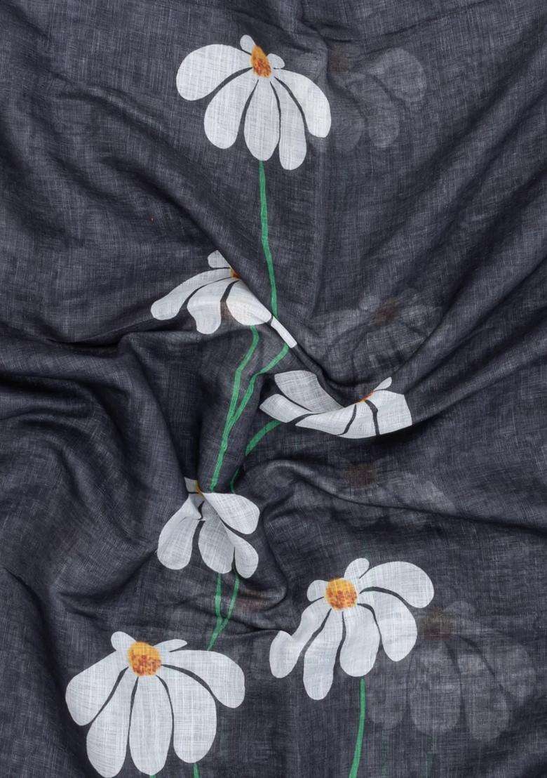 Dark Grey Printed Synthetic Linen Saree With Floral Motifs For Women - Indya