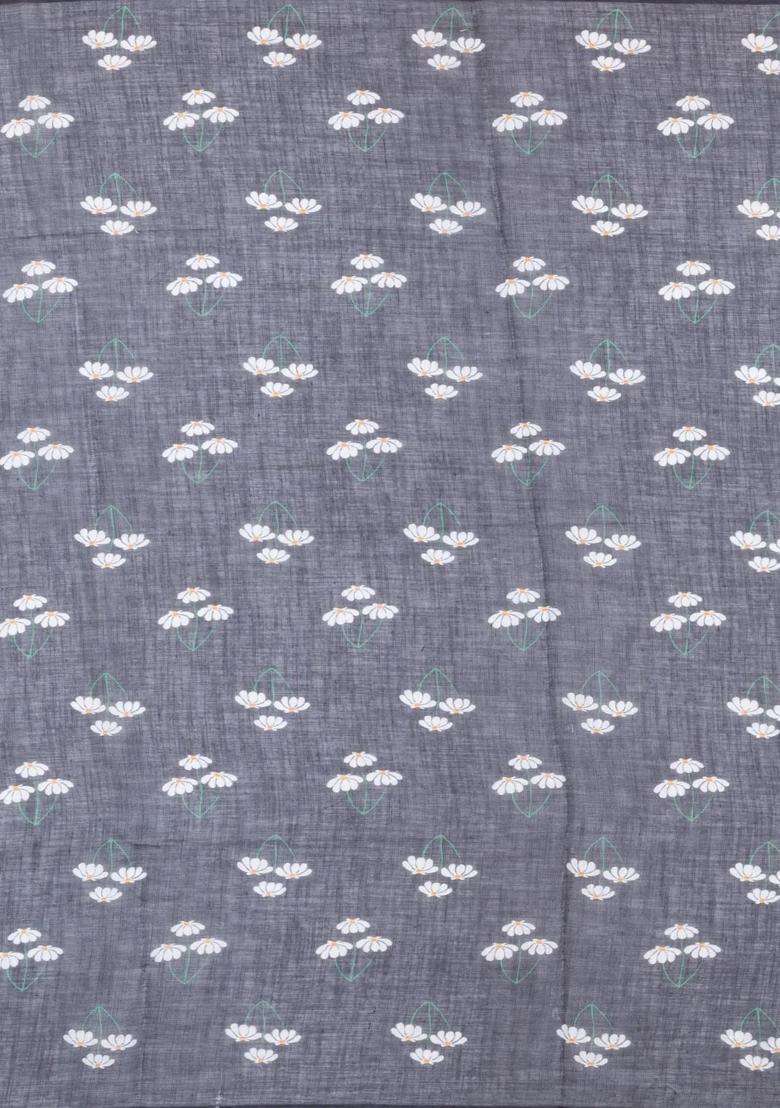 Dark Grey Printed Synthetic Linen Saree With Floral Motifs For Women - Indya