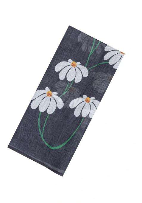 Dark Grey Printed Synthetic Linen Saree With Floral Motifs For Women