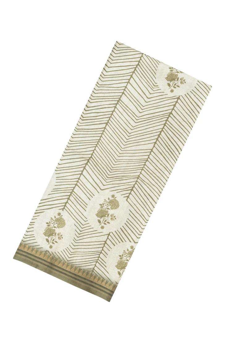 Off White Printed Synthetic Tussar Silk Saree With Floral Motifs For Women - Indya