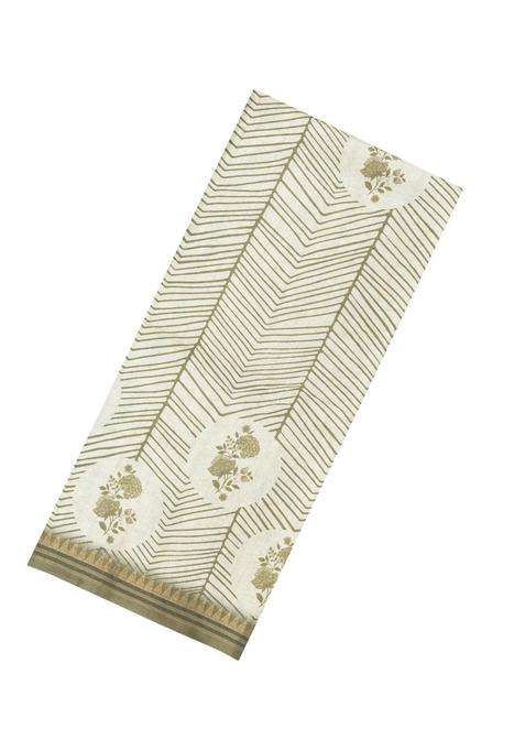 Off White Printed Synthetic Tussar Silk Saree With Floral Motifs For Women