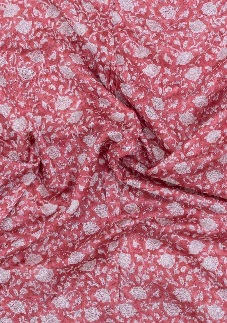 Light Peach Printed Chanderi Cotton Saree With Zari Border For Women - Indya