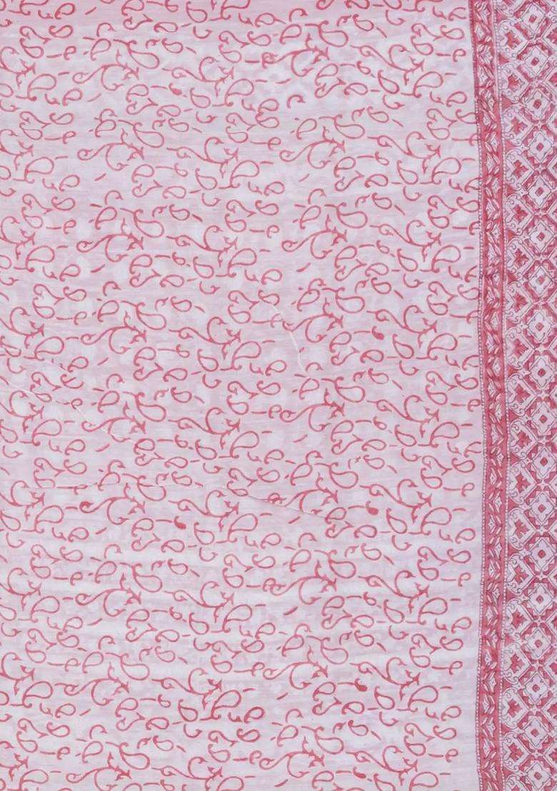 Light Peach Printed Chanderi Cotton Saree With Zari Border For Women - Indya