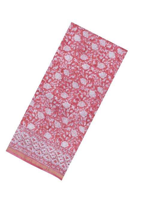 Light Peach Printed Chanderi Cotton Saree With Zari Border For Women