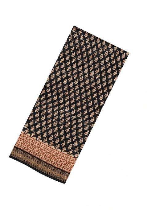 Black Printed Chanderi Cotton Saree With Zari Border For Women