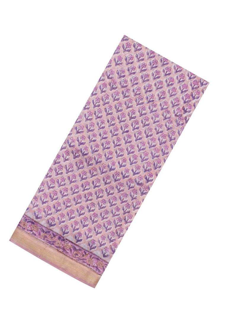 Lavander Lavender Printed Chanderi Cotton Saree With Zari Border For Women - Indya