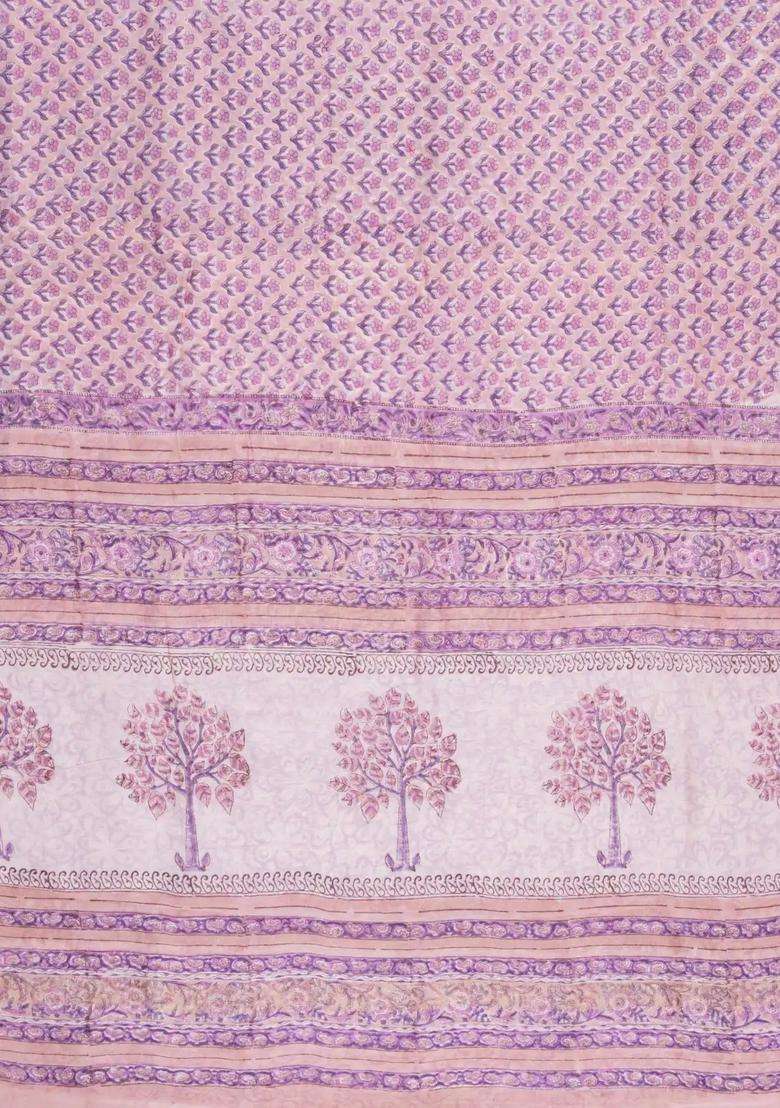 Lavander Lavender Printed Chanderi Cotton Saree With Zari Border For Women - Indya