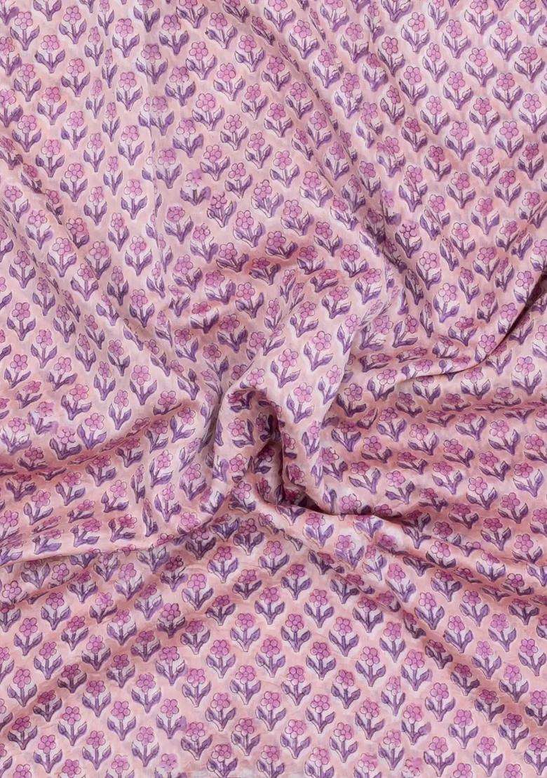 Lavander Lavender Printed Chanderi Cotton Saree With Zari Border For Women - Indya