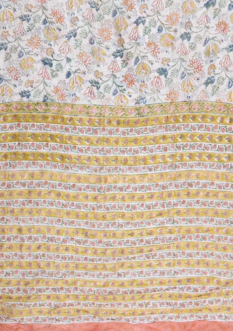 White Printed Chanderi Cotton Saree With Zari Border For Women - Indya