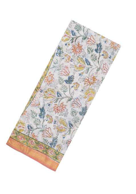White Printed Chanderi Cotton Saree With Zari Border For Women