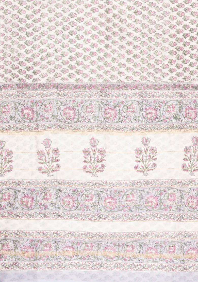 Off White Printed Chanderi Cotton Saree With Zari Border For Women - Indya
