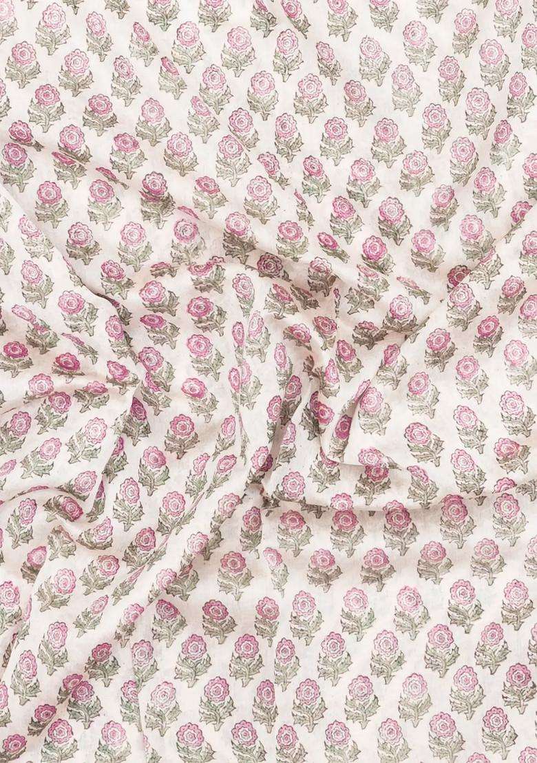 Off White Printed Chanderi Cotton Saree With Zari Border For Women - Indya