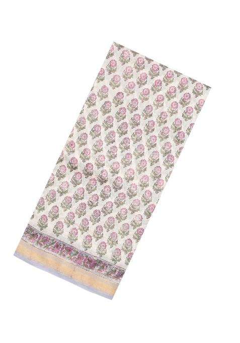 Off White Printed Chanderi Cotton Saree With Zari Border For Women