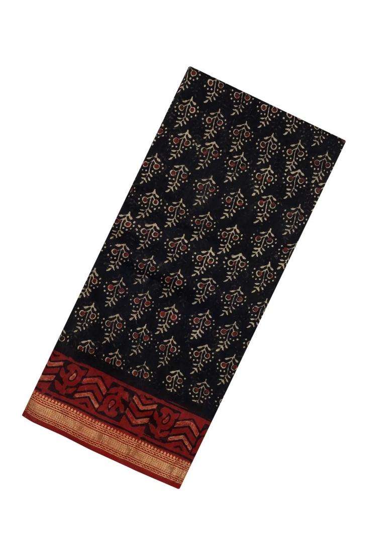 Black Printed Chanderi Cotton Saree With Zari Border For Women - Indya