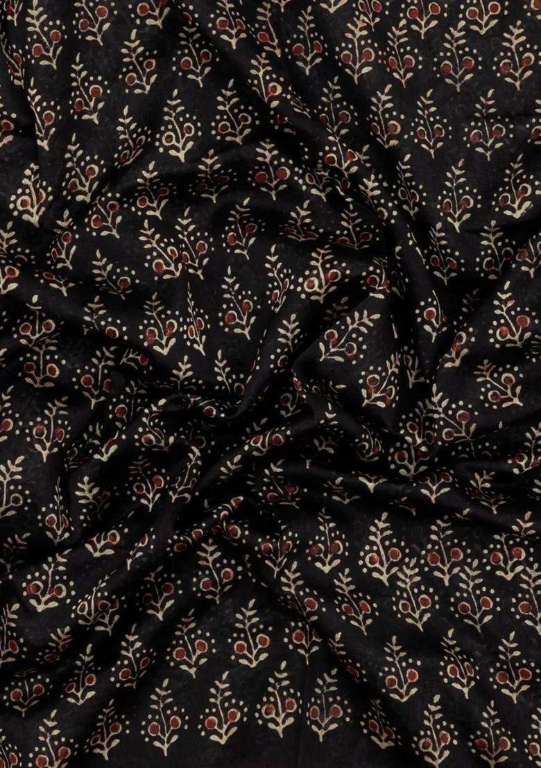 Black Printed Chanderi Cotton Saree With Zari Border For Women - Indya