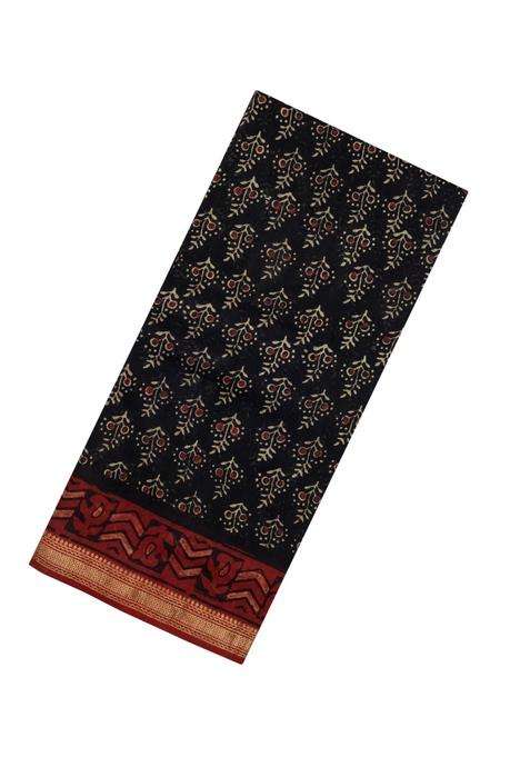 Black Printed Chanderi Cotton Saree With Zari Border For Women