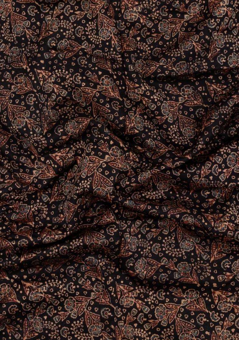 Black Printed Chanderi Cotton Saree With Zari Border For Women - Indya