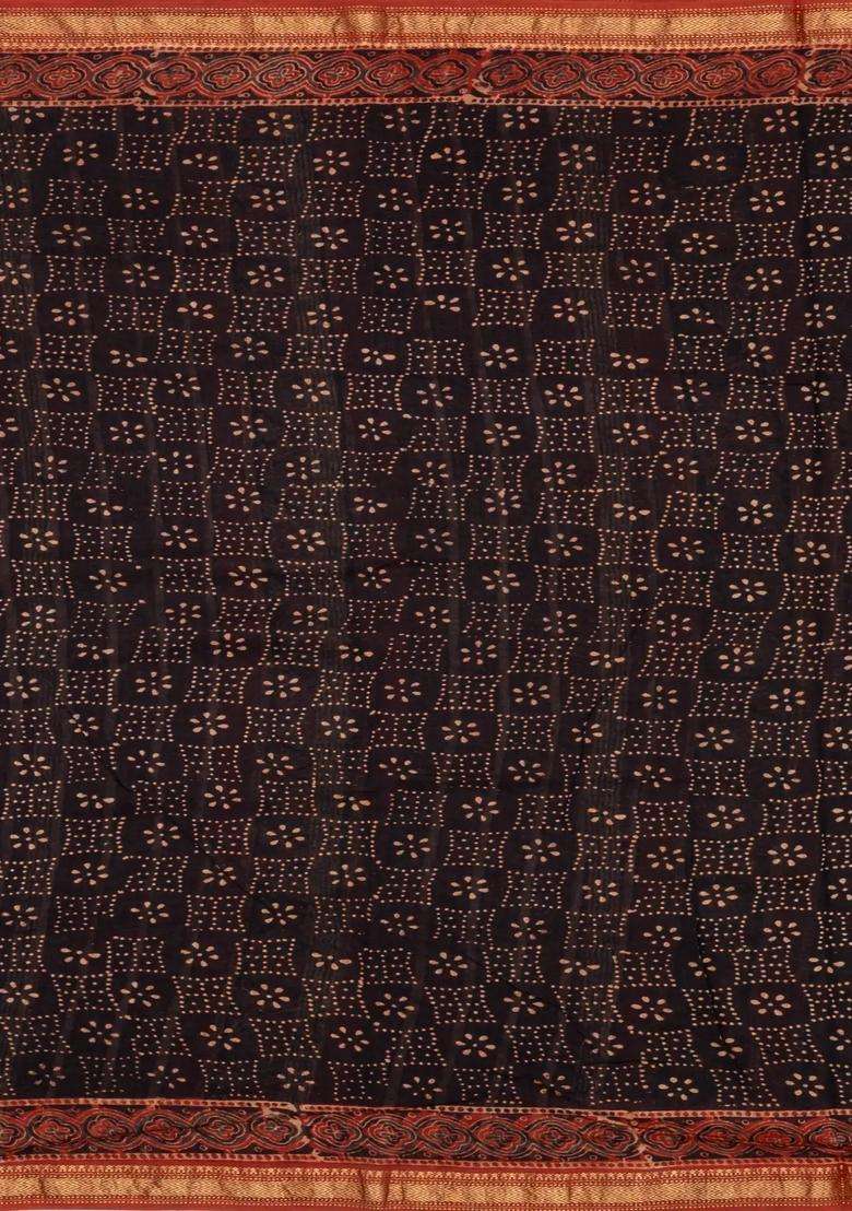 Black Printed Chanderi Cotton Saree With Zari Border For Women - Indya