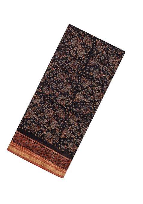 Black Printed Chanderi Cotton Saree With Zari Border For Women