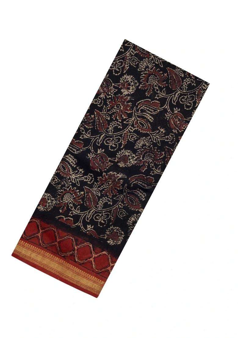 Black Printed Chanderi Cotton Saree With Zari Border For Women - Indya