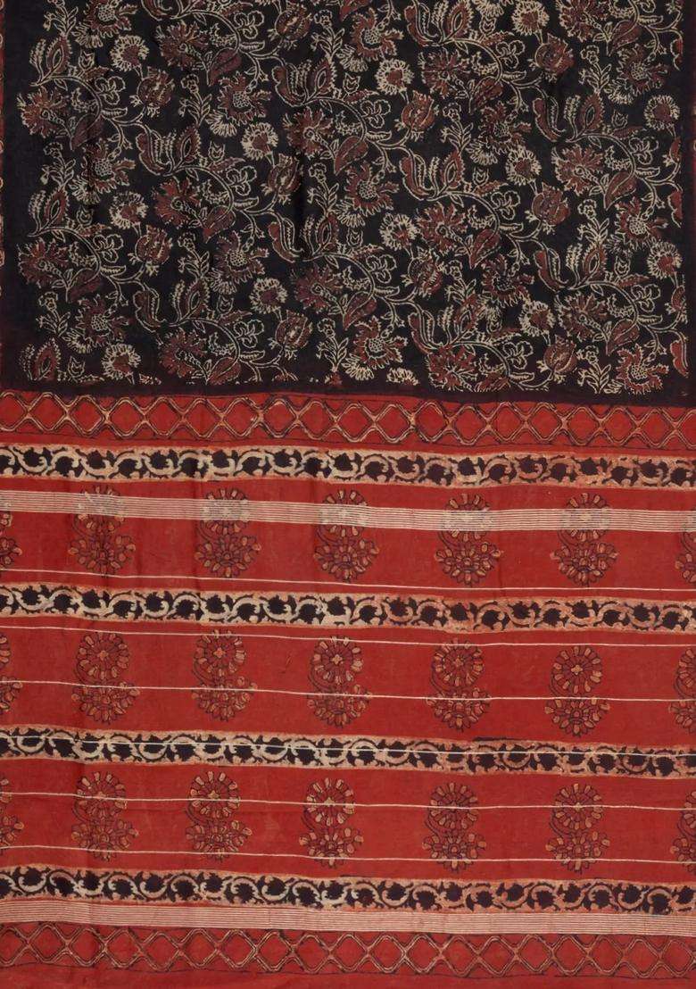 Black Printed Chanderi Cotton Saree With Zari Border For Women - Indya