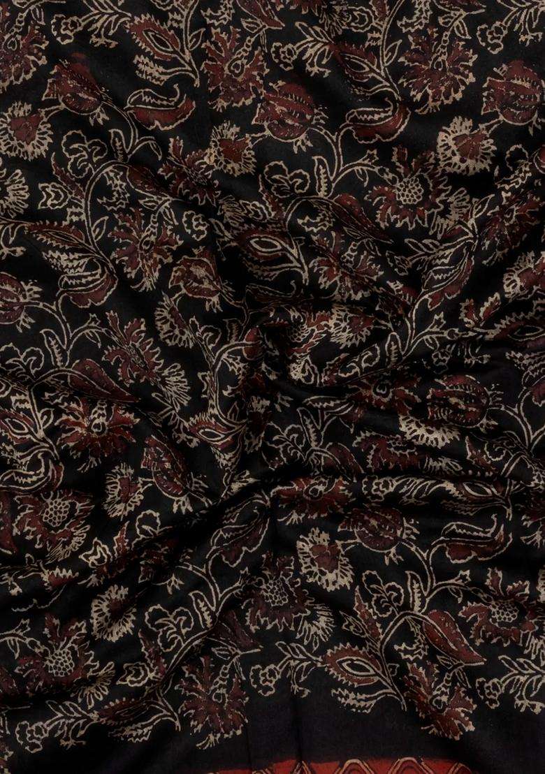 Black Printed Chanderi Cotton Saree With Zari Border For Women - Indya