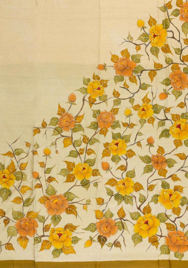 Cream Printed Tussar Silk Saree With Floral Motifs For Women - Indya