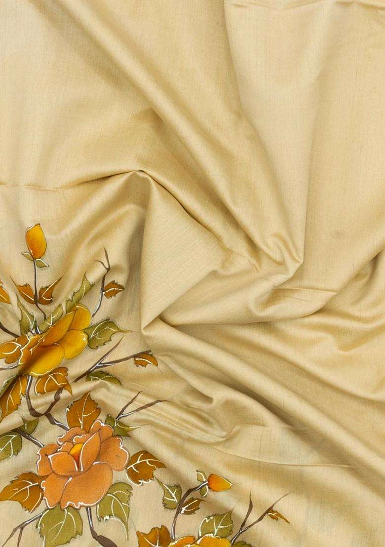 Cream Printed Tussar Silk Saree With Floral Motifs For Women - Indya