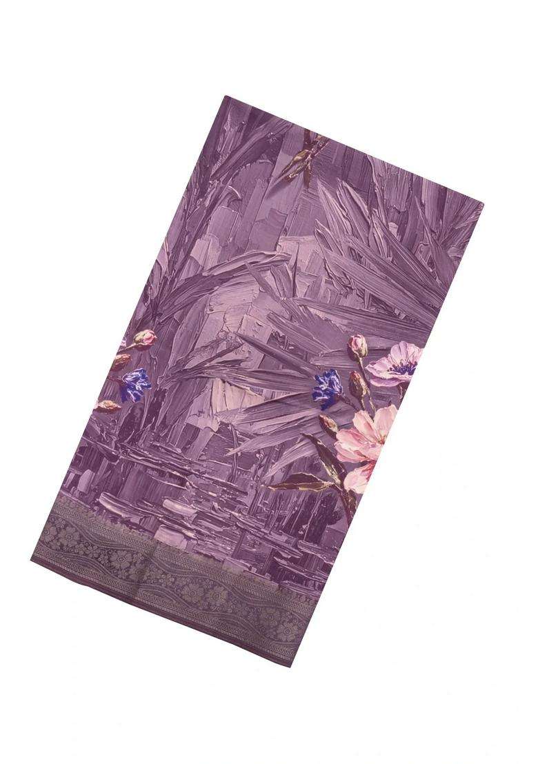 Lilac Printed Synthetic Tussar Silk Saree With Zari Border For Women - Indya