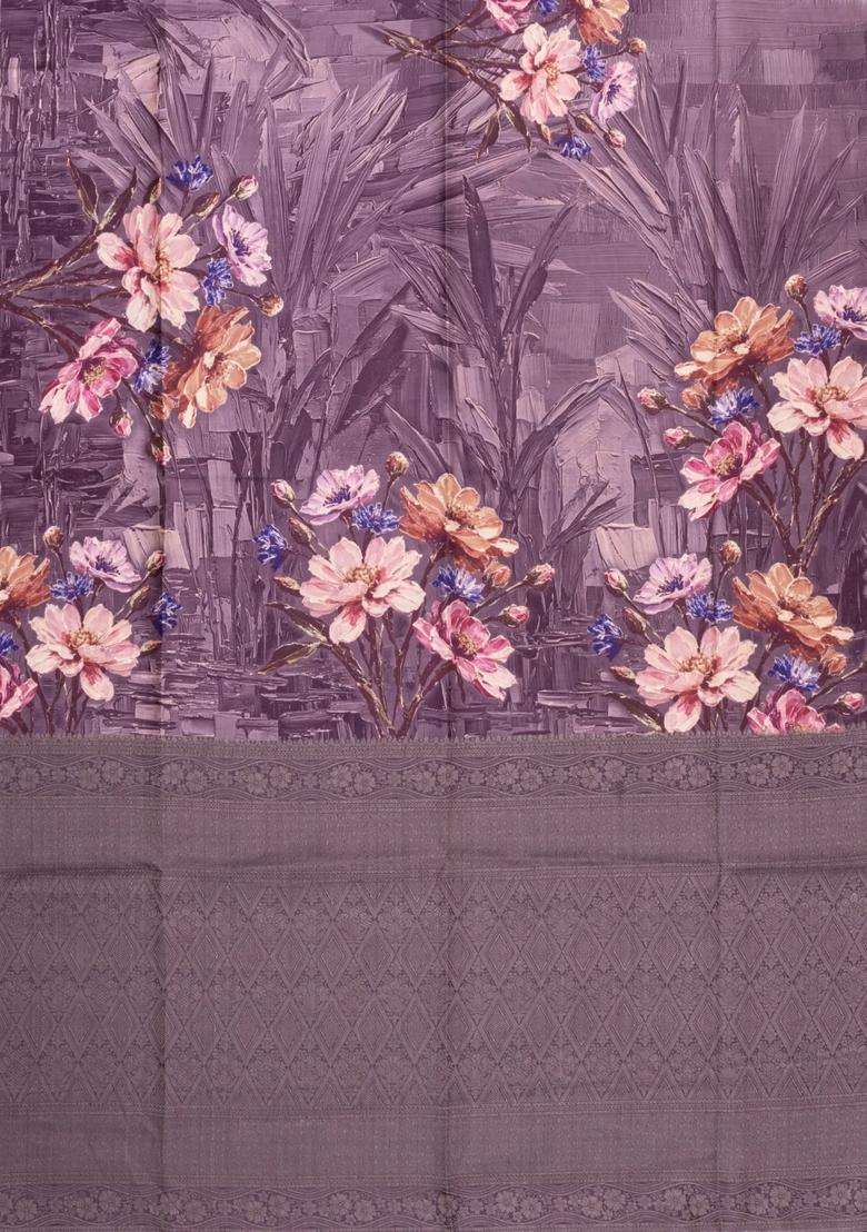 Lilac Printed Synthetic Tussar Silk Saree With Zari Border For Women - Indya