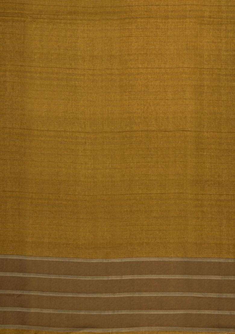 Mustard Printed Synthetic Tussar Silk Saree With Zari Stripes Border For Women - Indya