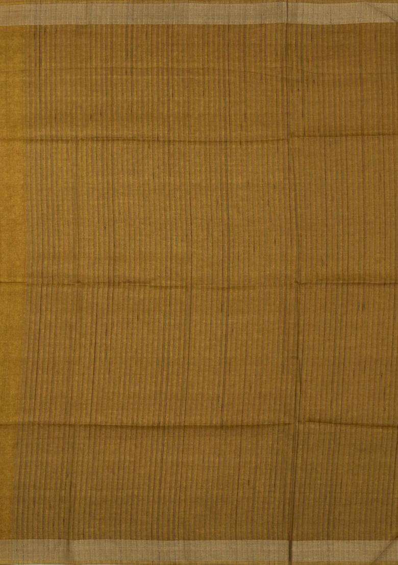 Mustard Printed Synthetic Tussar Silk Saree With Zari Stripes Border For Women - Indya