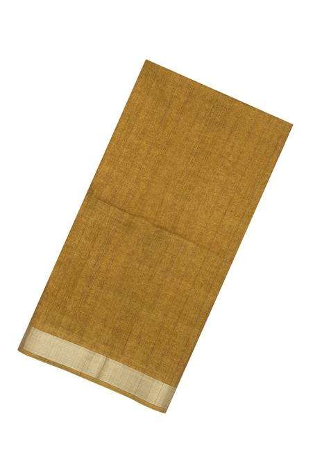 Mustard Printed Synthetic Tussar Silk Saree With Zari Stripes Border For Women