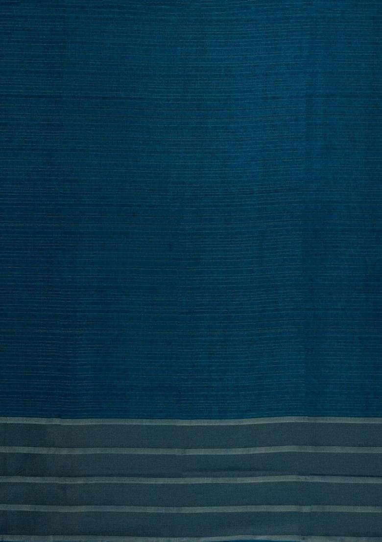 Navy Blue Printed Synthetic Tussar Silk Saree With Zari Stripes Border For Women - Indya