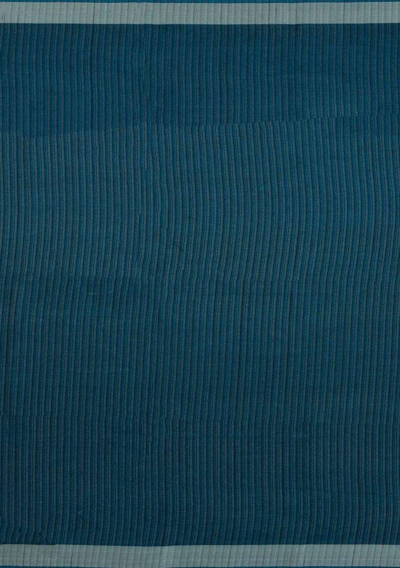 Navy Blue Printed Synthetic Tussar Silk Saree With Zari Stripes Border For Women - Indya