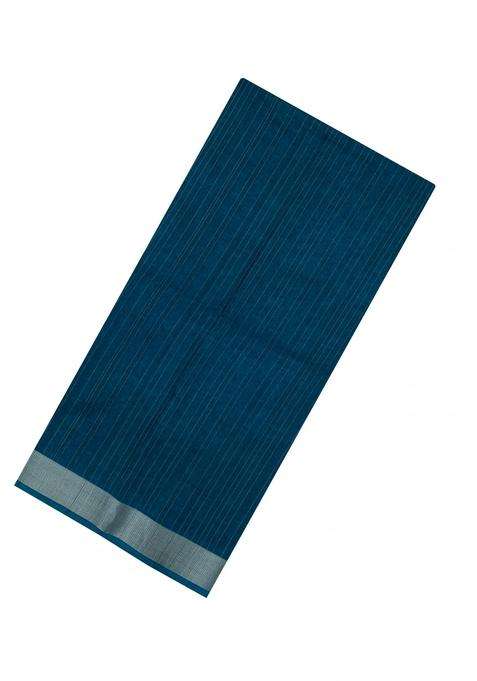 Navy Blue Printed Synthetic Tussar Silk Saree With Zari Stripes Border For Women