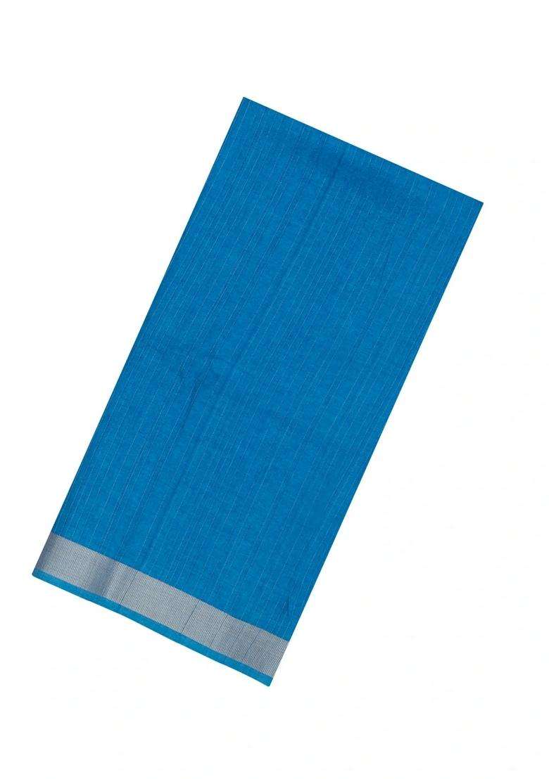 Sky Blue Printed Synthetic Tussar Silk Saree With Zari Stripes Border For Women - Indya