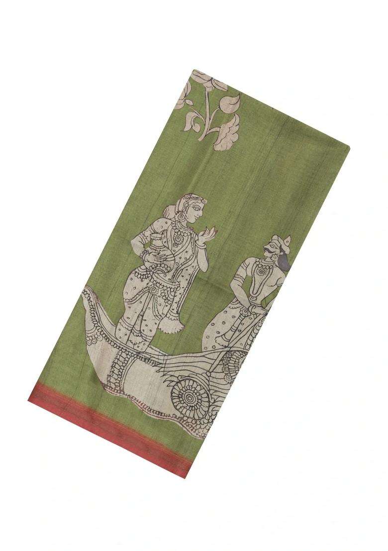 Cardamom Green Printed Synthetic Tussar Silk Saree With Contrast Border For Women - Indya