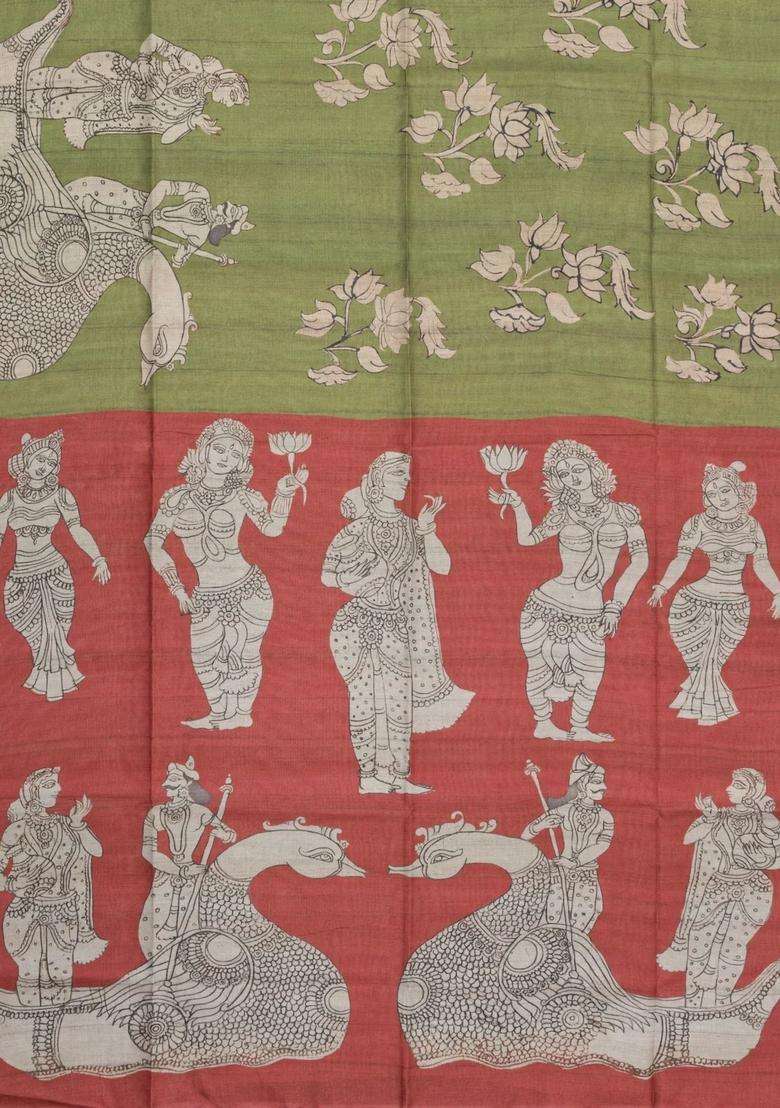 Cardamom Green Printed Synthetic Tussar Silk Saree With Contrast Border For Women - Indya