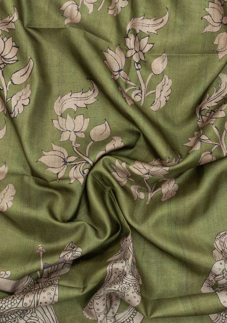 Cardamom Green Printed Synthetic Tussar Silk Saree With Contrast Border For Women - Indya