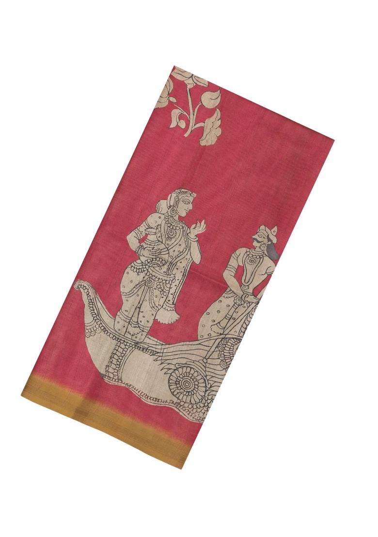 Peach Printed Synthetic Tussar Silk Saree With Contrast Border For Women - Indya