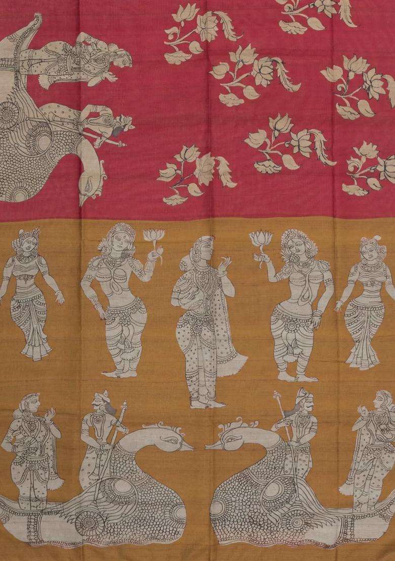 Peach Printed Synthetic Tussar Silk Saree With Contrast Border For Women - Indya