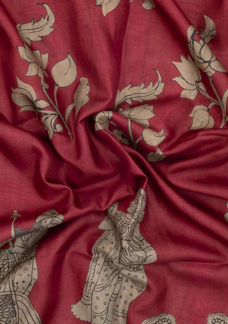 Peach Printed Synthetic Tussar Silk Saree With Contrast Border For Women - Indya