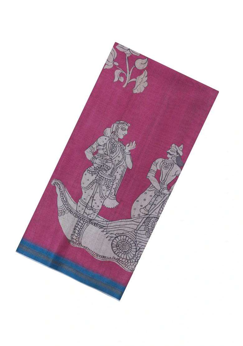 Pink Printed Synthetic Tussar Silk Saree With Contrast Border For Women - Indya