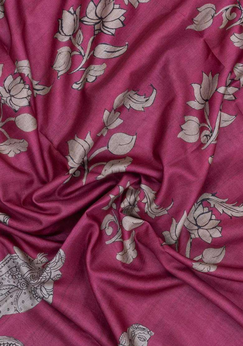 Pink Printed Synthetic Tussar Silk Saree With Contrast Border For Women - Indya