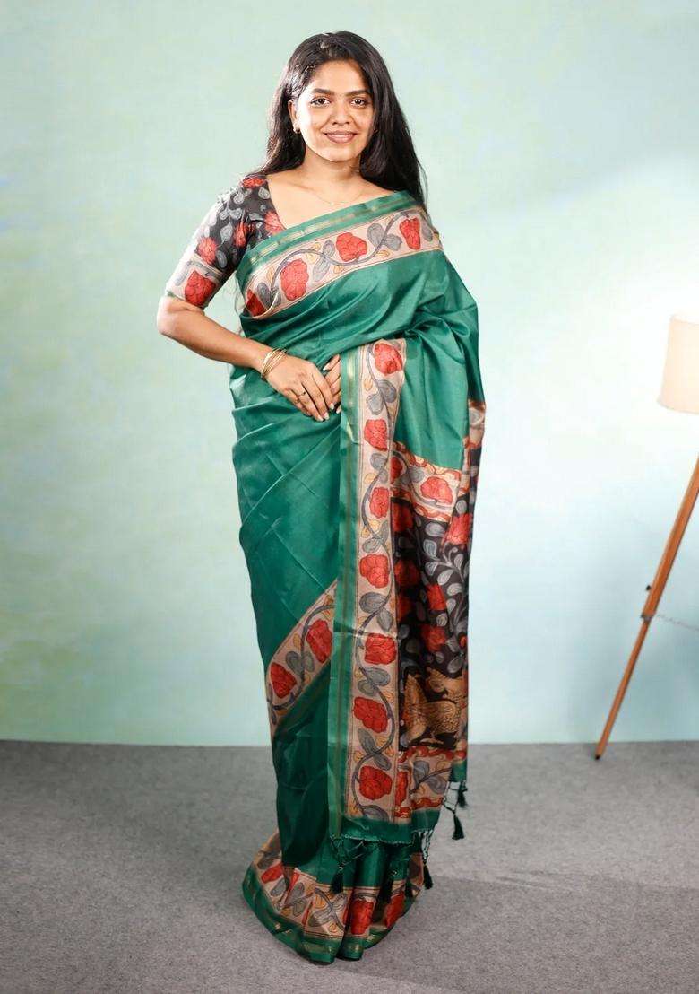 Sea Green Printed Synthetic Tussar Silk Saree With Contrast Border For Women - Indya